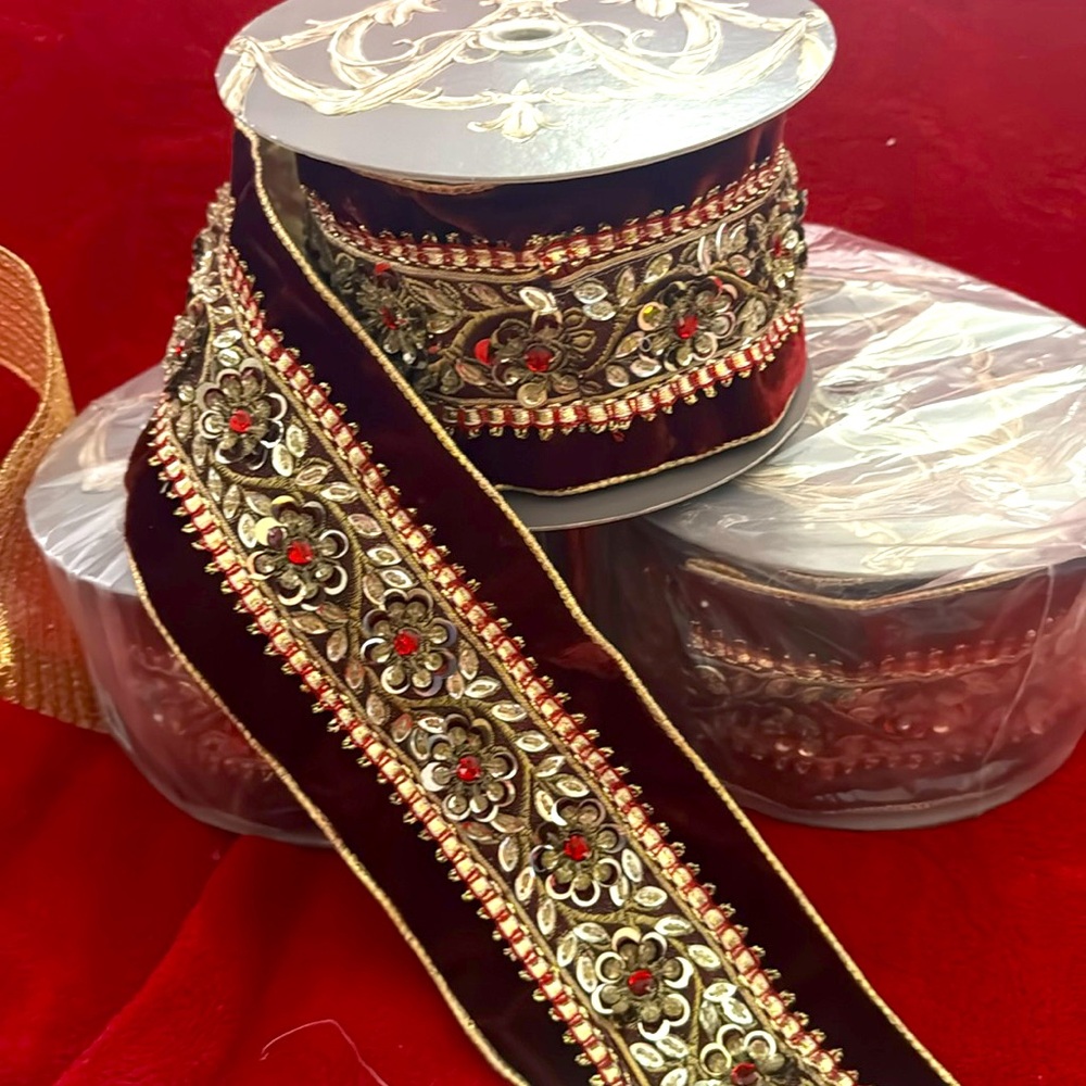 Hand beaded wired Burgundy velvet with gold backing craft ribbon